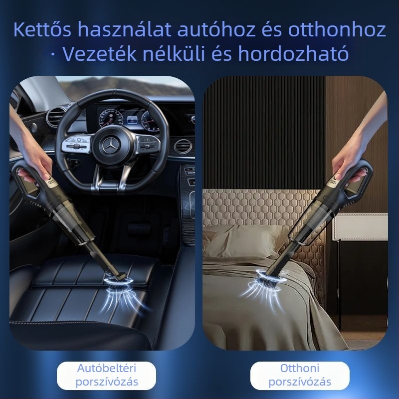 Kézi vezeték nélküli porszívó autóhoz és otthonhoz — szívóerő 20000 Pa, 300 W, újratölthető, zaj 70 dB, 3 m hosszú kábel