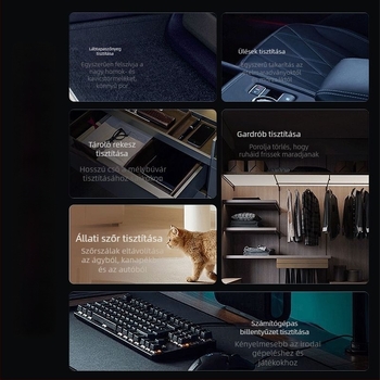 Vezeték nélküli kézi porszívó autóhoz és otthonra – 50W, szívás 15,1–20 kPa, beépített akkumulátor 1001–1600 mAh, akár 3 óra üzemidő, zaj <36 dB, LED világítás; tartozékok: ciklon fej, sark, 2‑in‑1 tisztító/elszívó fej