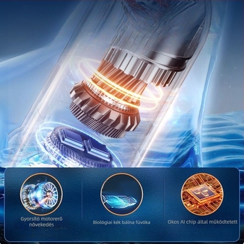 Vezeték nélküli kézi porszívó autóhoz és otthonra – 50W, szívás 15,1–20 kPa, beépített akkumulátor 1001–1600 mAh, akár 3 óra üzemidő, zaj <36 dB, LED világítás; tartozékok: ciklon fej, sark, 2‑in‑1 tisztító/elszívó fej