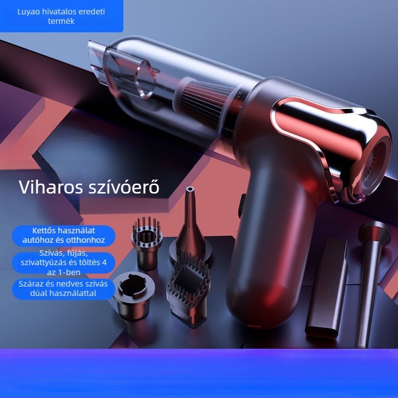 Vezeték nélküli kézi porszívó autóhoz és otthonra – 50W, szívás 15,1–20 kPa, beépített akkumulátor 1001–1600 mAh, akár 3 óra üzemidő, zaj <36 dB, LED világítás; tartozékok: ciklon fej, sark, 2‑in‑1 tisztító/elszívó fej