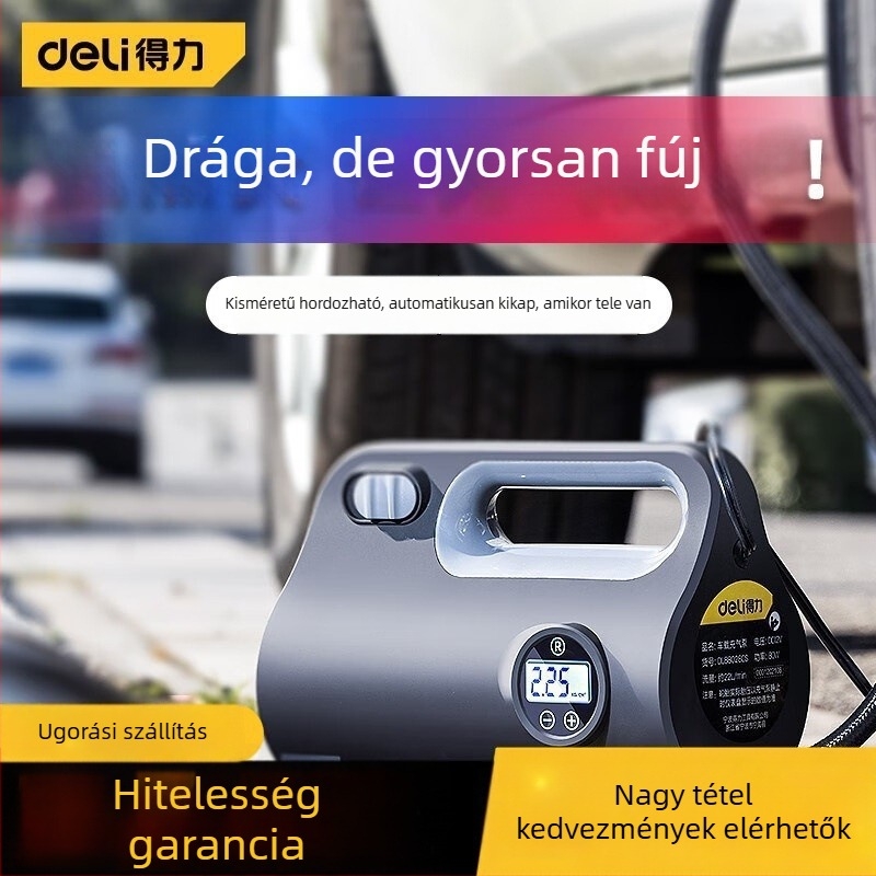 Deli elektromos hordozható autó légpumpa digitális kijelzővel és LED világítással, 12V, 80W, 30 L/min