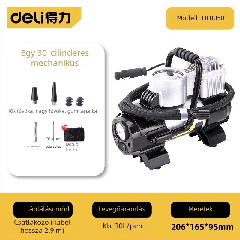 Deli elektromos hordozható autó légpumpa digitális kijelzővel és LED világítással, 12V, 80W, 30 L/min