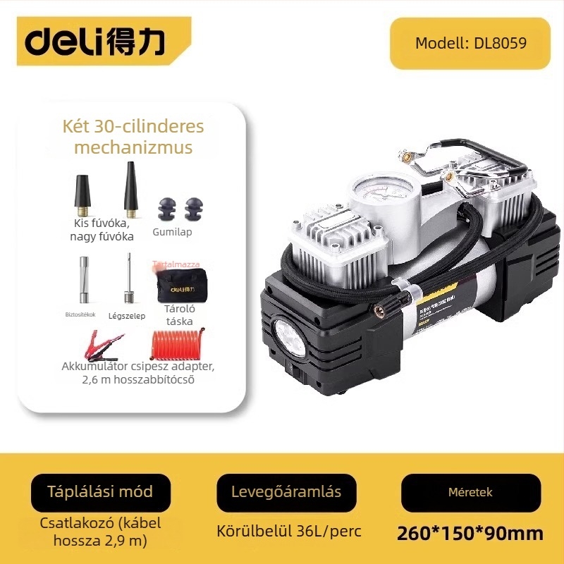 Deli elektromos hordozható autó légpumpa digitális kijelzővel és LED világítással, 12V, 80W, 30 L/min