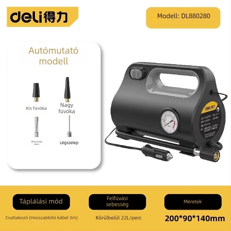 Deli elektromos hordozható autó légpumpa digitális kijelzővel és LED világítással, 12V, 80W, 30 L/min