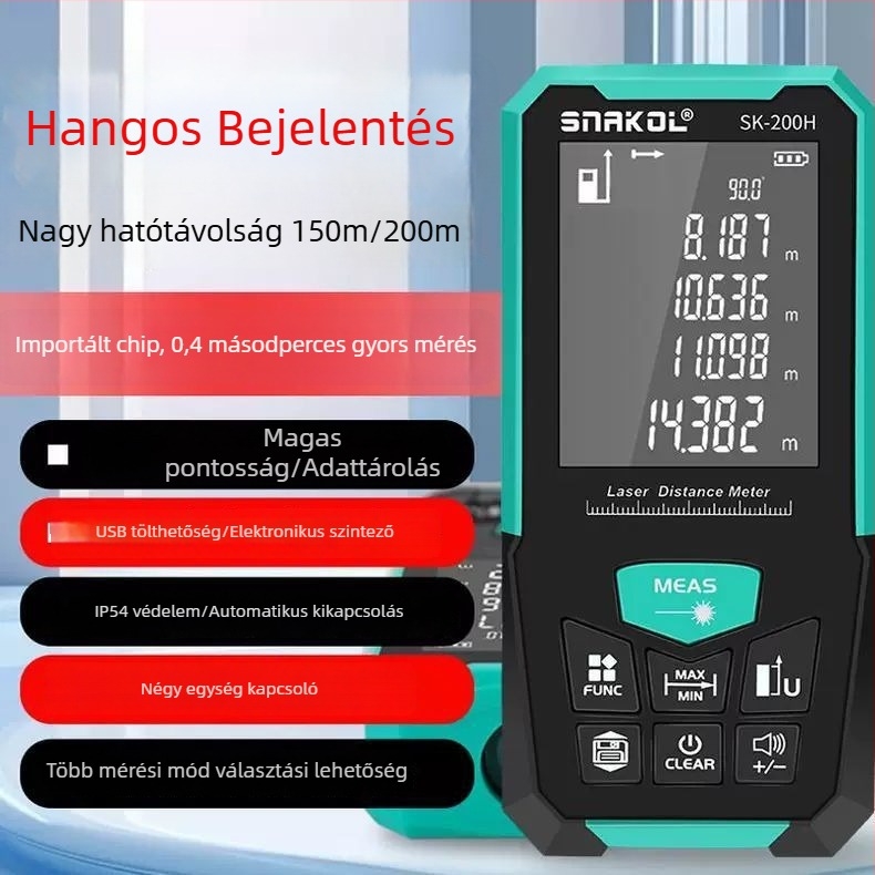 Lézeres távolságmérő, kézben tartható, infravörös, digitális mérőeszköz, 200 m hatótávolság