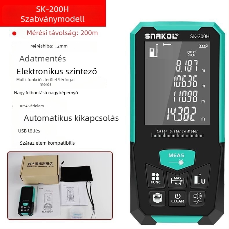Lézeres távolságmérő, kézben tartható, infravörös, digitális mérőeszköz, 200 m hatótávolság