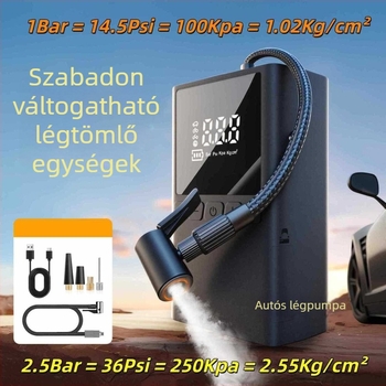 Hordozható 12V-os újratölthető autógumi pumpa, 100W, többszelemes kialakítás, digitális LCD kijelzővel, autókhoz, motorkerékpárokhoz és kerékpárokhoz