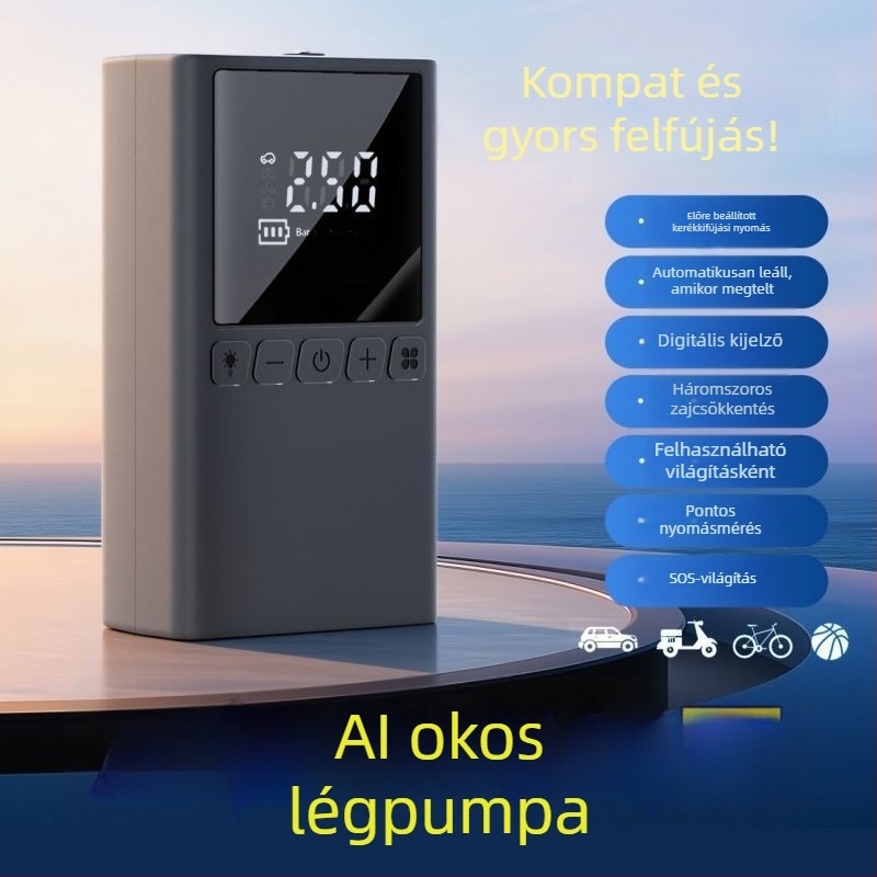 Hordozható 12V-os újratölthető autógumi pumpa, 100W, többszelemes kialakítás, digitális LCD kijelzővel, autókhoz, motorkerékpárokhoz és kerékpárokhoz