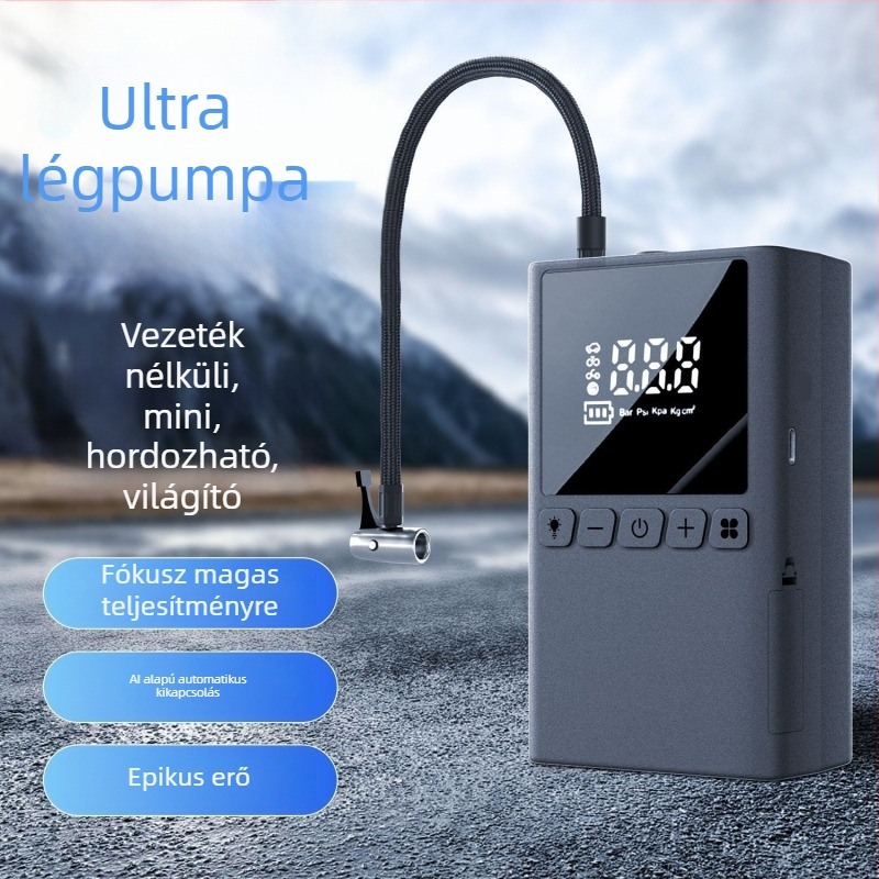 Hordozható 12V-os újratölthető autógumi pumpa, 100W, többszelemes kialakítás, digitális LCD kijelzővel, autókhoz, motorkerékpárokhoz és kerékpárokhoz