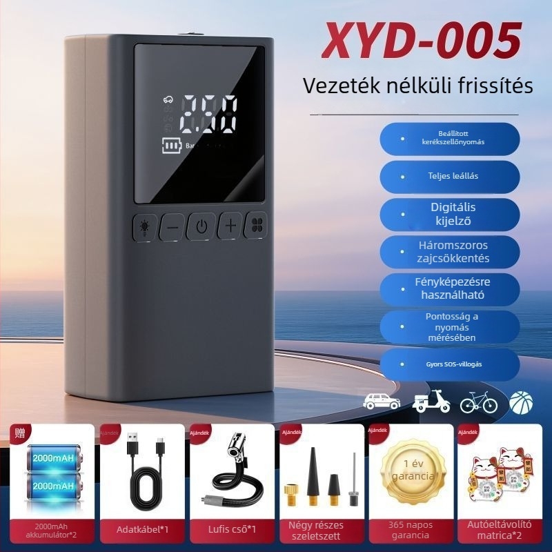 Hordozható 12V-os újratölthető autógumi pumpa, 100W, többszelemes kialakítás, digitális LCD kijelzővel, autókhoz, motorkerékpárokhoz és kerékpárokhoz