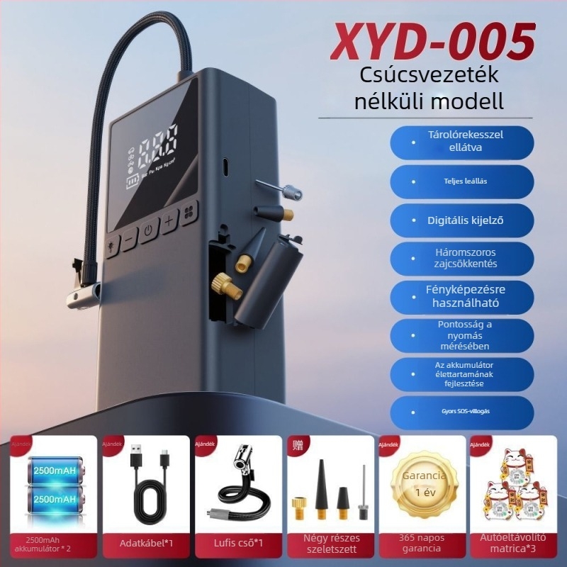 Hordozható 12V-os újratölthető autógumi pumpa, 100W, többszelemes kialakítás, digitális LCD kijelzővel, autókhoz, motorkerékpárokhoz és kerékpárokhoz