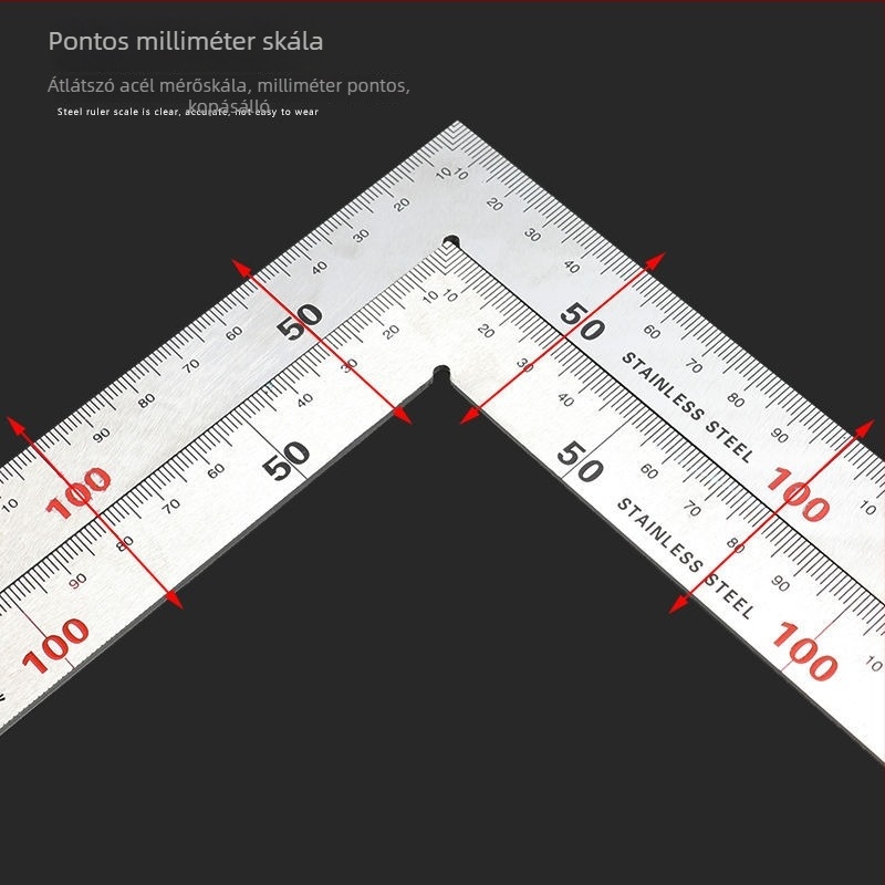 Rozsdamentes acélból készült derékszögmérő, vastított L‑alakú lemez, 90° pontosság