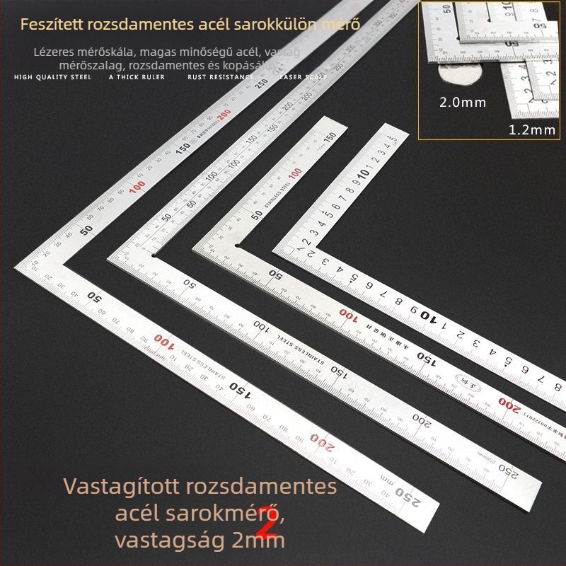 Rozsdamentes acélból készült derékszögmérő, vastított L‑alakú lemez, 90° pontosság