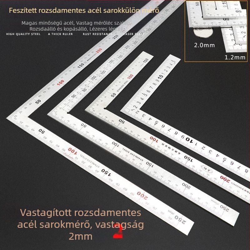 Rozsdamentes acélból készült derékszögmérő, vastított L‑alakú lemez, 90° pontosság