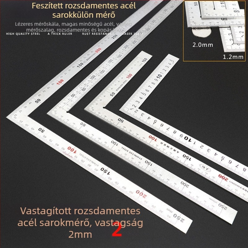 Rozsdamentes acélból készült derékszögmérő, vastított L‑alakú lemez, 90° pontosság