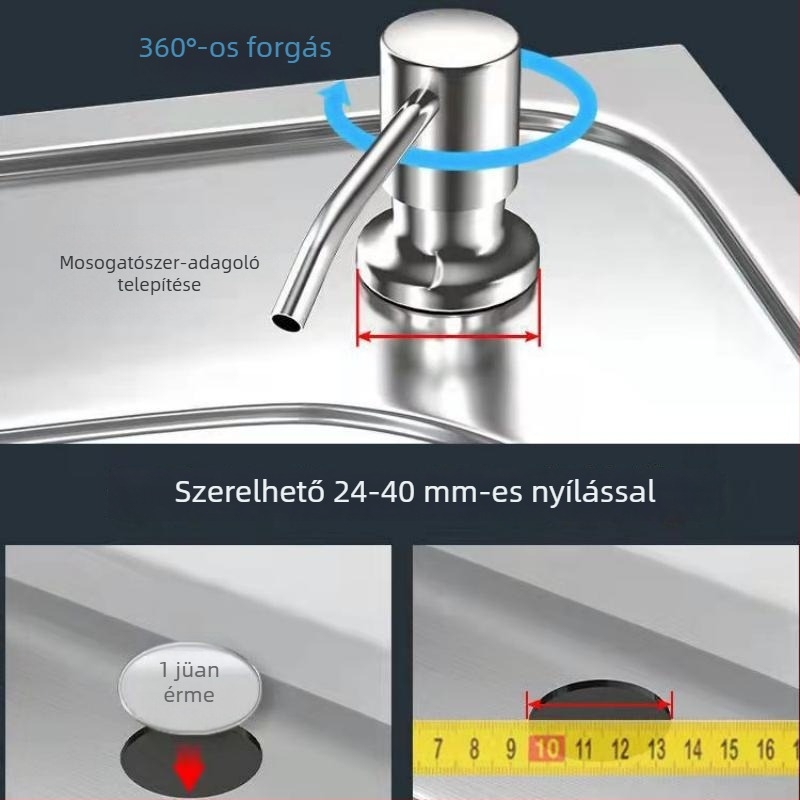 Konyhai mosogatótál mosószer adagoló rozsdamentes acélból, kézi nyomással működik, 304 rozsdamentes acél, sütőfesték bevonat, modern stílus