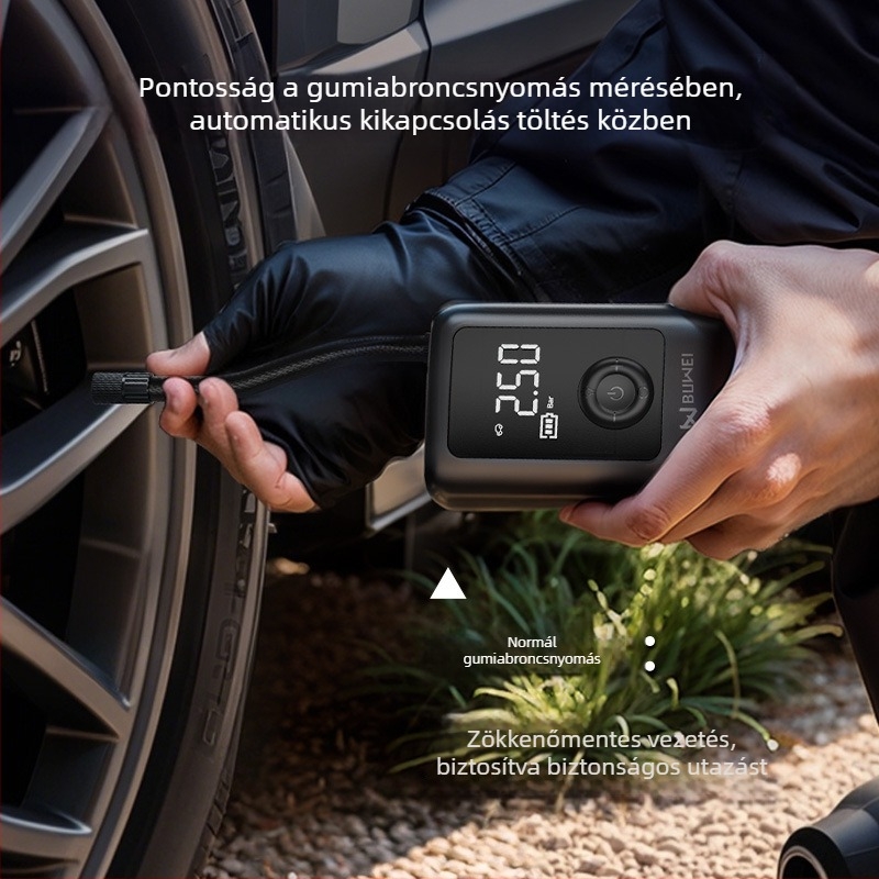 Buwei hordozható autógumi pumpa digitális nyomásmérővel, 12 V, újratölthető, 40 L/min, <80 W