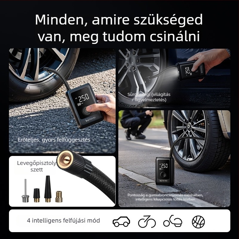 Buwei hordozható autógumi pumpa digitális nyomásmérővel, 12 V, újratölthető, 40 L/min, <80 W