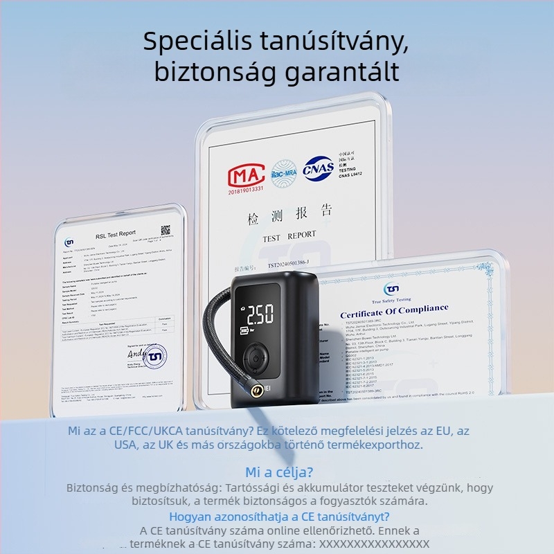 Buwei hordozható autógumi pumpa digitális nyomásmérővel, 12 V, újratölthető, 40 L/min, <80 W