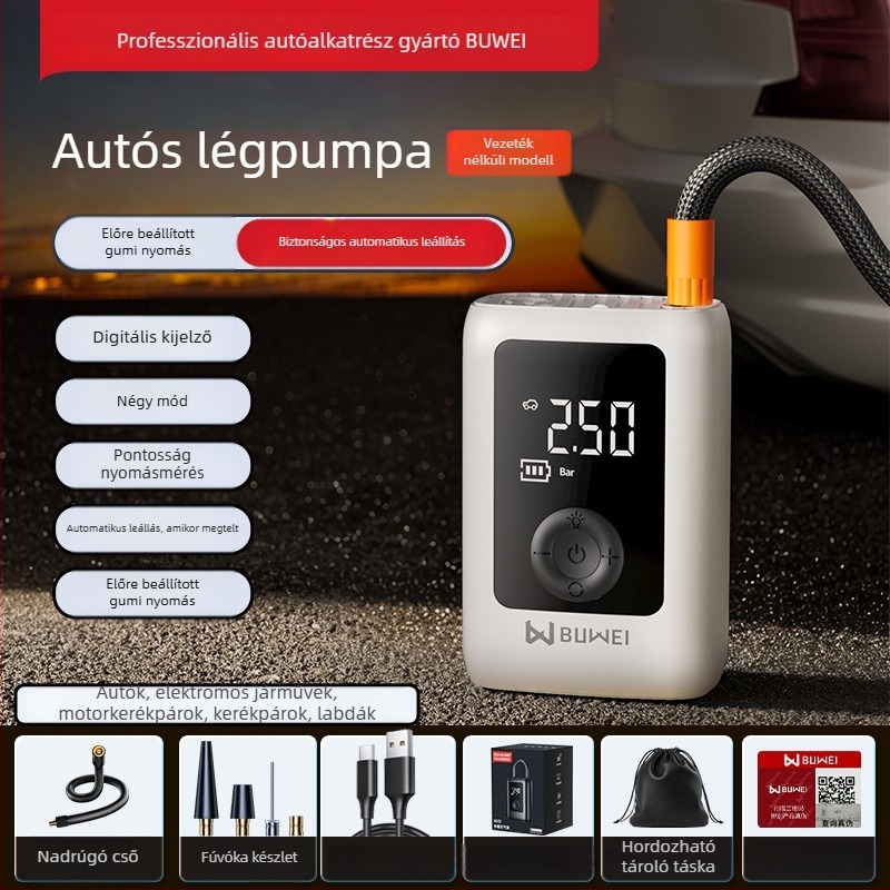 Buwei hordozható autógumi pumpa digitális nyomásmérővel, 12 V, újratölthető, 40 L/min, <80 W