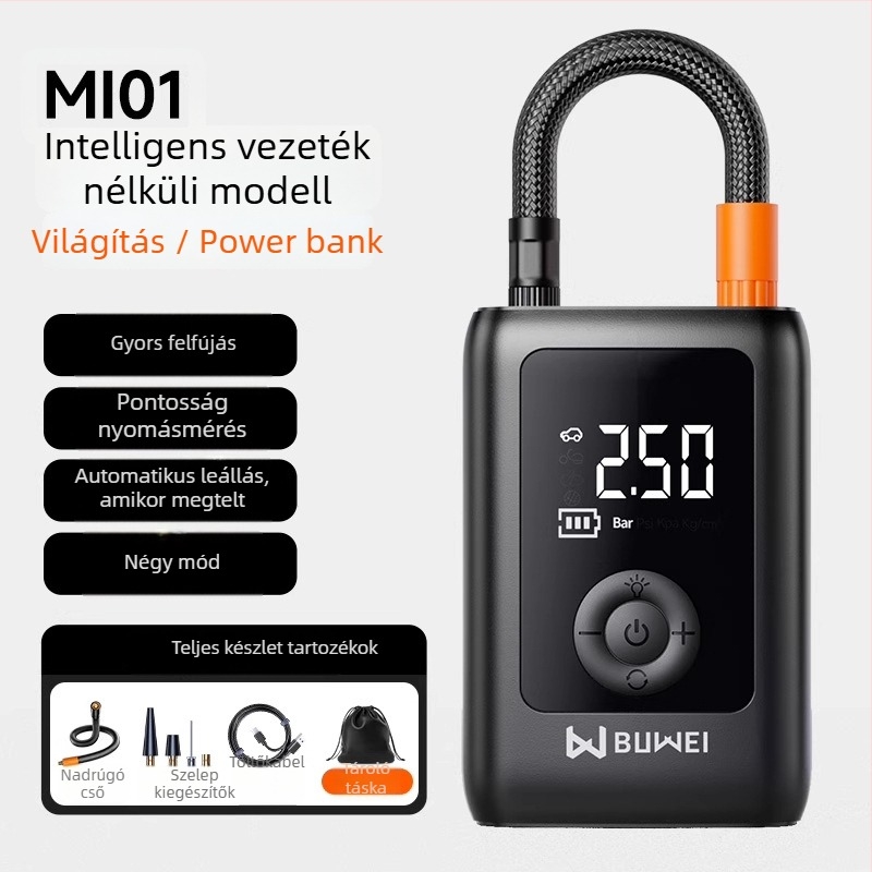 Buwei hordozható autógumi pumpa digitális nyomásmérővel, 12 V, újratölthető, 40 L/min, <80 W