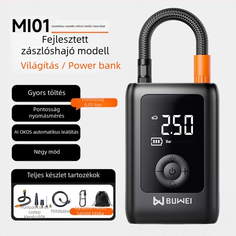 Buwei hordozható autógumi pumpa digitális nyomásmérővel, 12 V, újratölthető, 40 L/min, <80 W