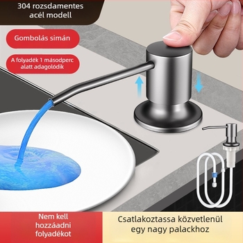 Konyhai mosóadagoló hosszabbító csővel, rozsdamentes acél, kézi nyomású pumpa, sütéses felületű kivitel, modern minimalista stílus