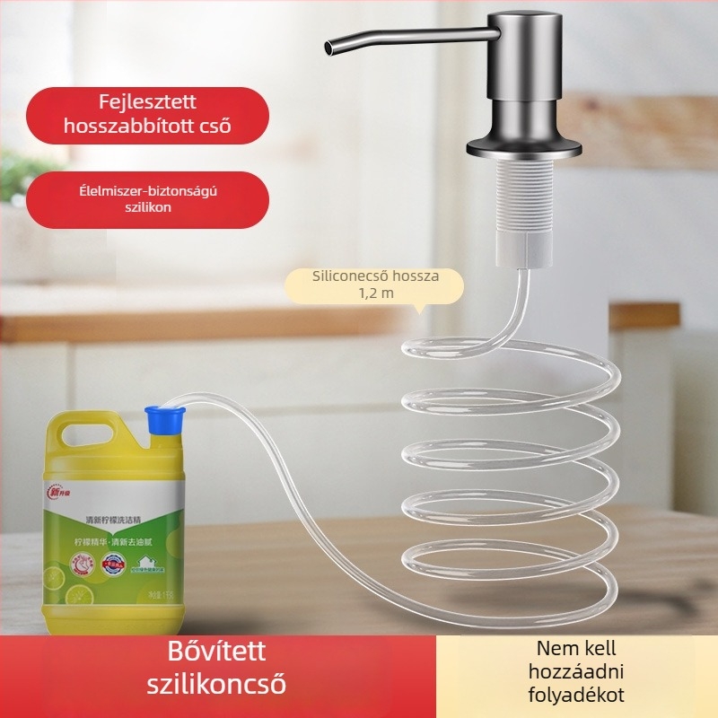 Konyhai mosóadagoló hosszabbító csővel, rozsdamentes acél, kézi nyomású pumpa, sütéses felületű kivitel, modern minimalista stílus