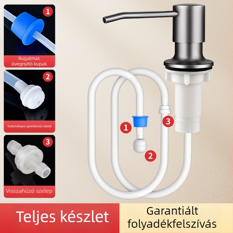 Konyhai mosóadagoló hosszabbító csővel, rozsdamentes acél, kézi nyomású pumpa, sütéses felületű kivitel, modern minimalista stílus