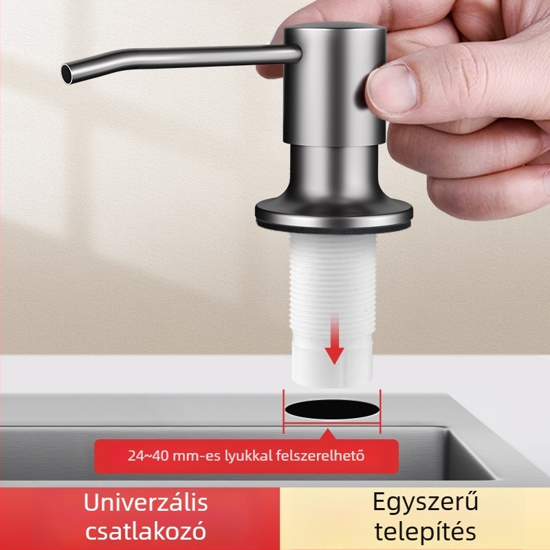 Konyhai mosóadagoló hosszabbító csővel, rozsdamentes acél, kézi nyomású pumpa, sütéses felületű kivitel, modern minimalista stílus