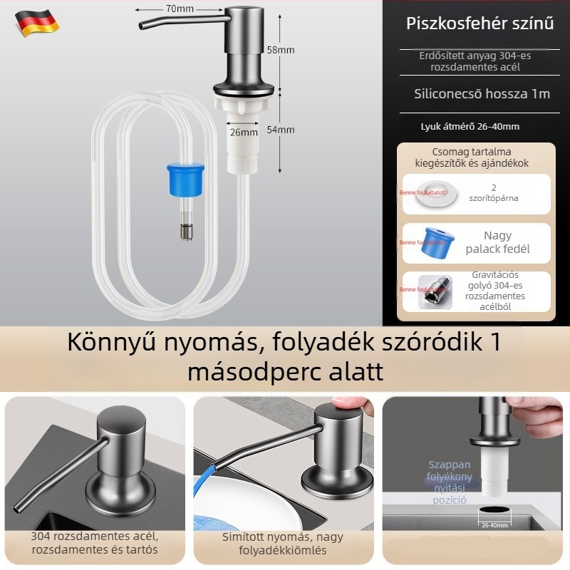 Konyhai mosóadagoló hosszabbító csővel, rozsdamentes acél, kézi nyomású pumpa, sütéses felületű kivitel, modern minimalista stílus