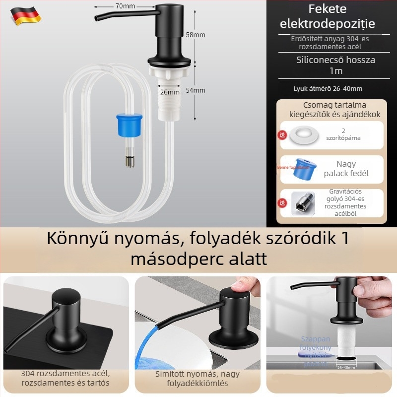 Konyhai mosóadagoló hosszabbító csővel, rozsdamentes acél, kézi nyomású pumpa, sütéses felületű kivitel, modern minimalista stílus