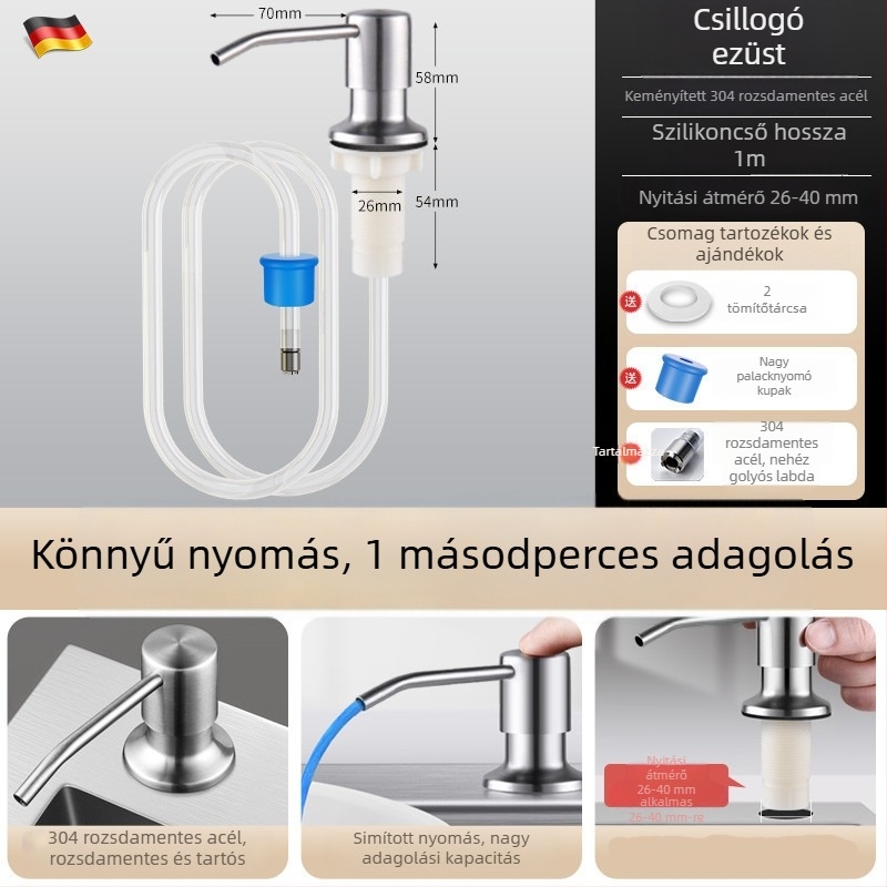 Konyhai mosóadagoló hosszabbító csővel, rozsdamentes acél, kézi nyomású pumpa, sütéses felületű kivitel, modern minimalista stílus