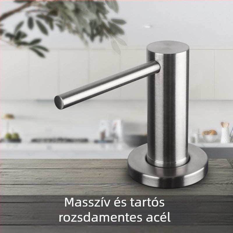 Rozsdamentes acélból készült konyhai mosogató adagoló, hosszabb nyomókarral