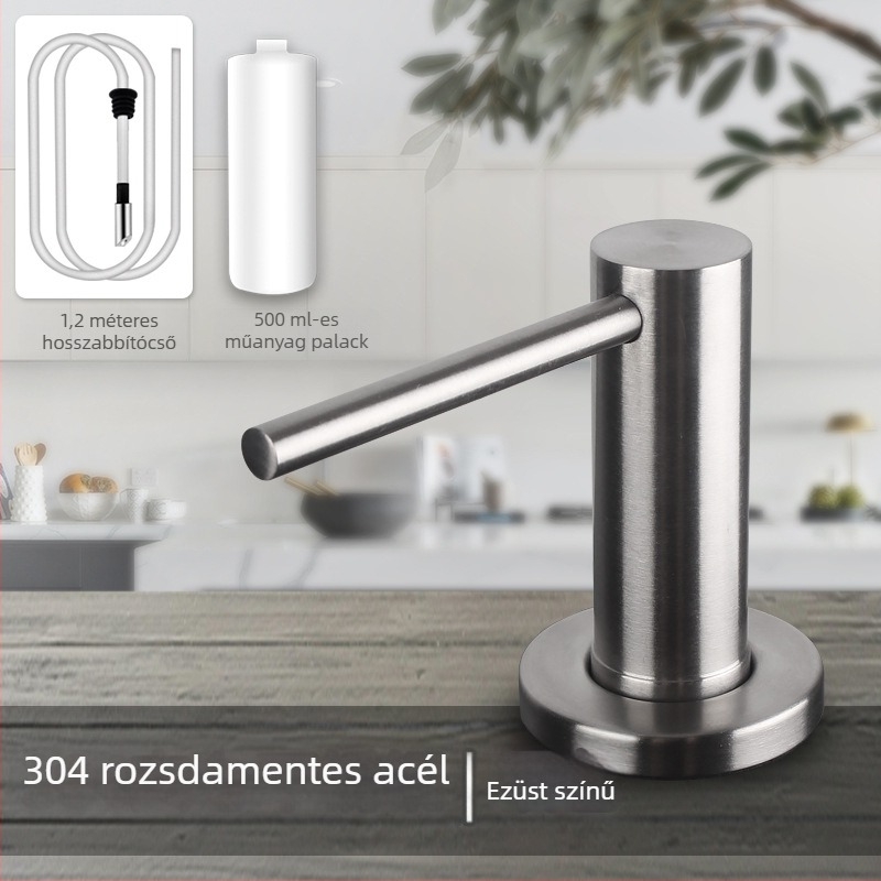 Rozsdamentes acélból készült konyhai mosogató adagoló, hosszabb nyomókarral