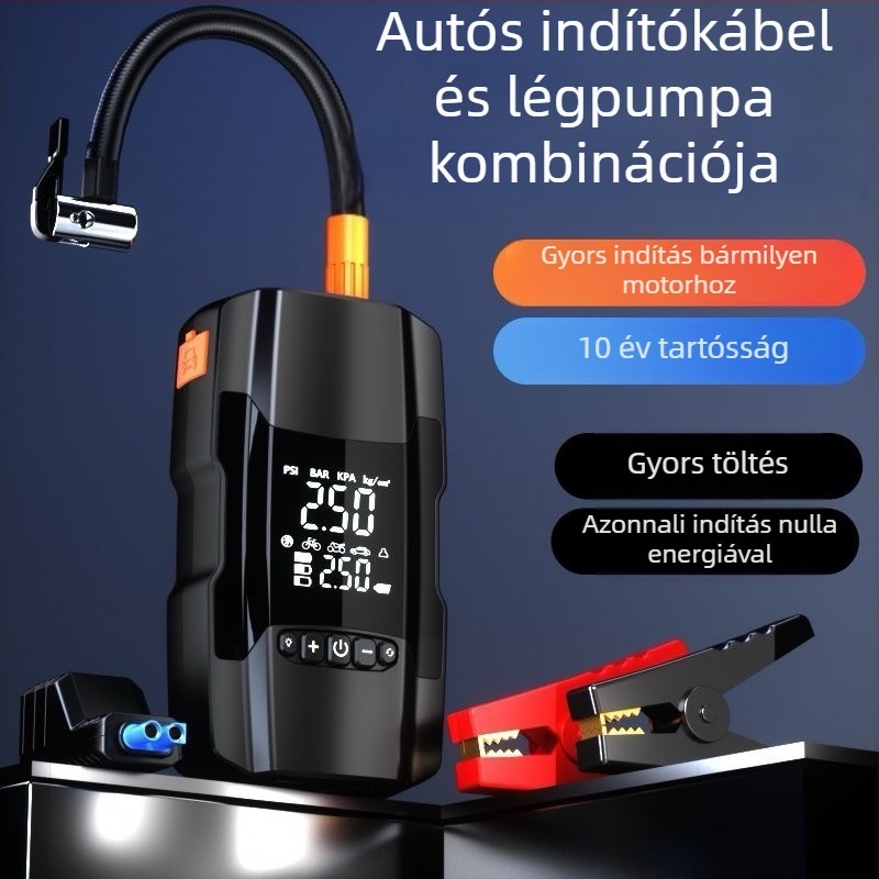 Autós léghid pumpa power bankkal és vészindítóval – 14.8V, 120W, 35 L/min, Digitális kijelző, 3 m kábel