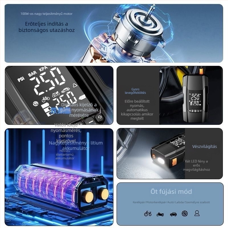Autós léghid pumpa power bankkal és vészindítóval – 14.8V, 120W, 35 L/min, Digitális kijelző, 3 m kábel