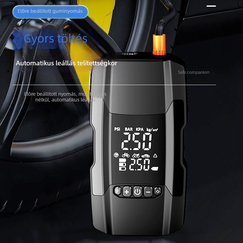 Autós léghid pumpa power bankkal és vészindítóval – 14.8V, 120W, 35 L/min, Digitális kijelző, 3 m kábel
