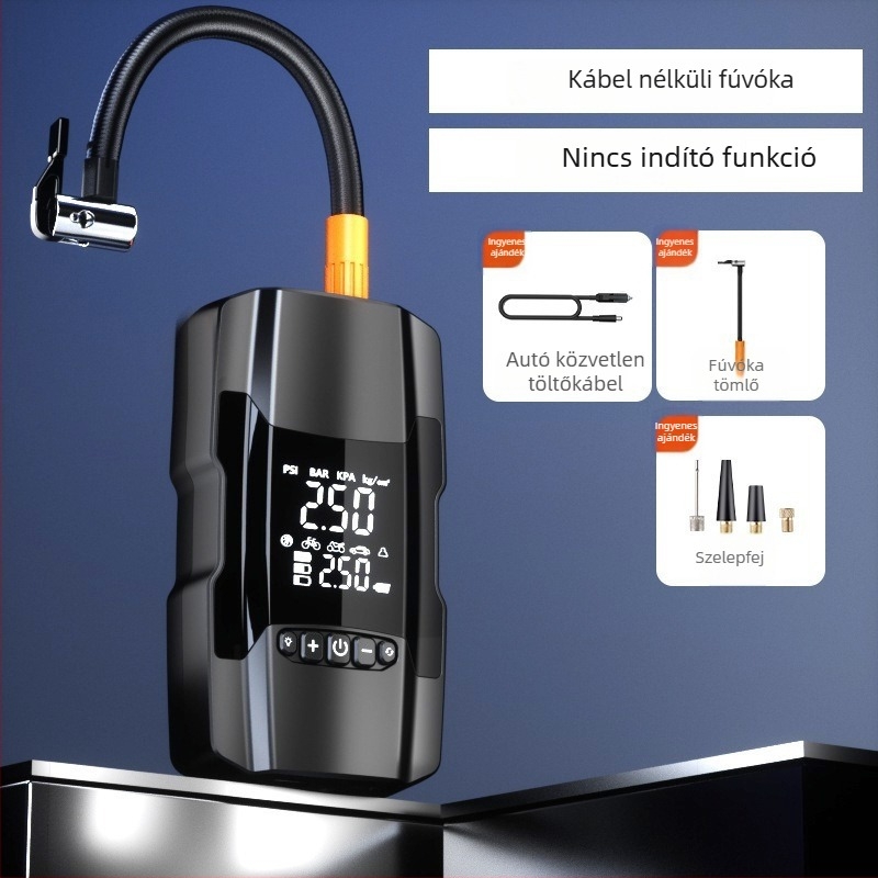Autós léghid pumpa power bankkal és vészindítóval – 14.8V, 120W, 35 L/min, Digitális kijelző, 3 m kábel
