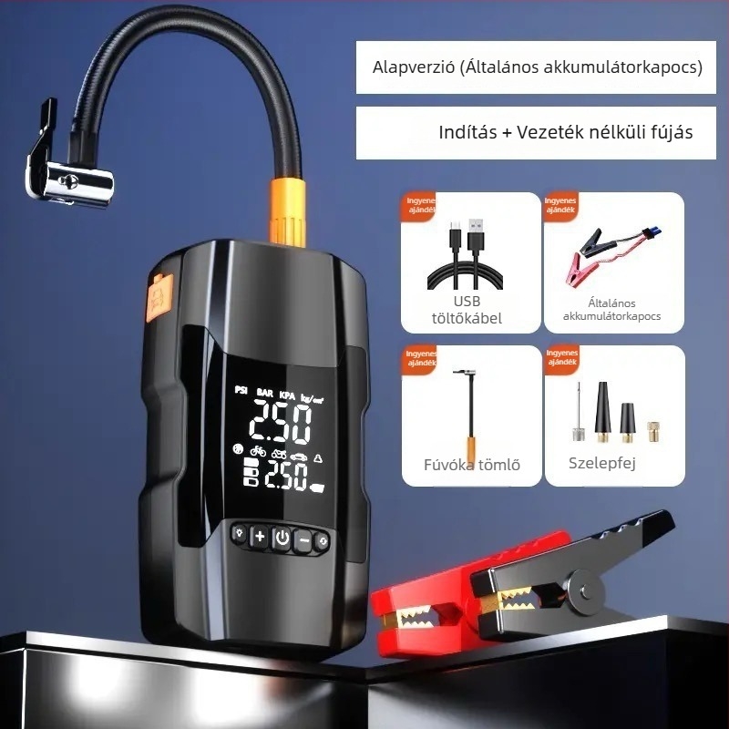 Autós léghid pumpa power bankkal és vészindítóval – 14.8V, 120W, 35 L/min, Digitális kijelző, 3 m kábel