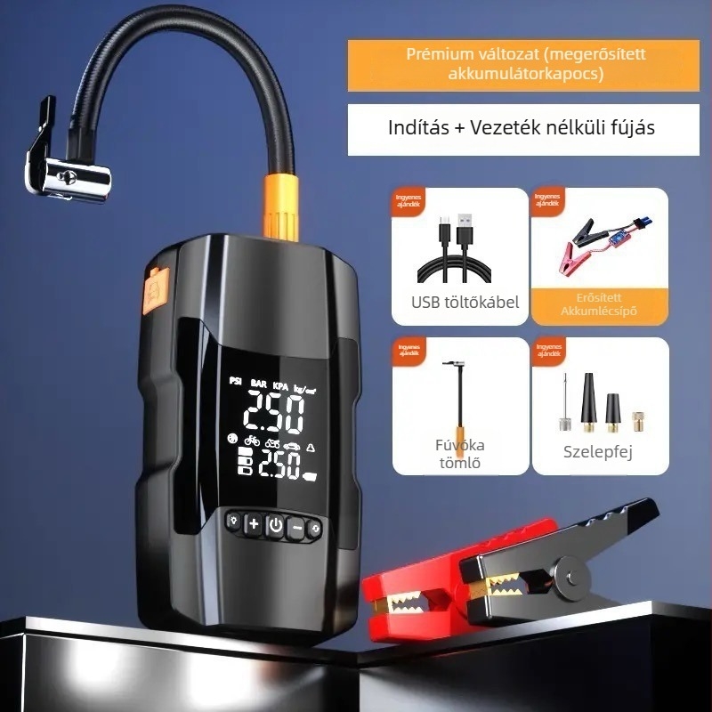 Autós léghid pumpa power bankkal és vészindítóval – 14.8V, 120W, 35 L/min, Digitális kijelző, 3 m kábel
