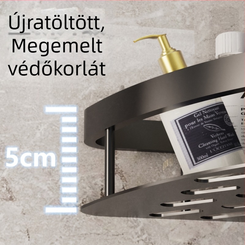 Fürdőszobai sarokpolc – 3 szintes, falra szerelhető, fúrás nélküli, Space alumínium, teherbírás 5–10 kg