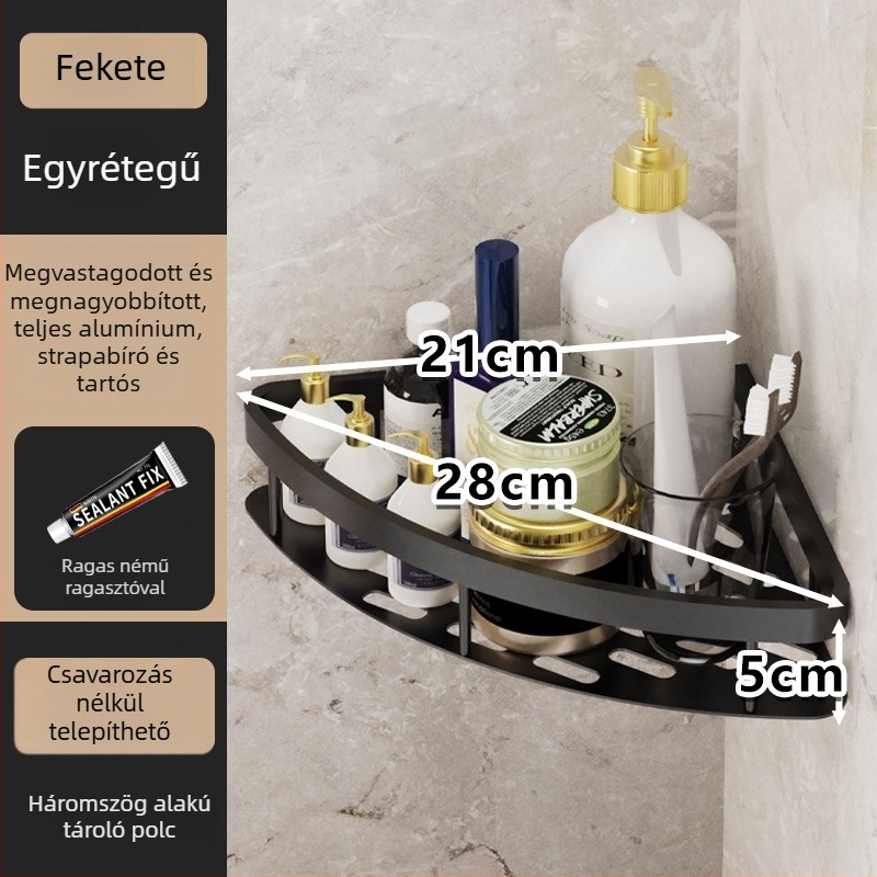 Fürdőszobai sarokpolc – 3 szintes, falra szerelhető, fúrás nélküli, Space alumínium, teherbírás 5–10 kg