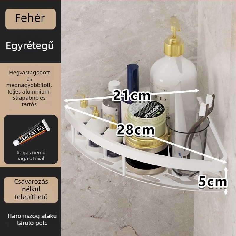 Fürdőszobai sarokpolc – 3 szintes, falra szerelhető, fúrás nélküli, Space alumínium, teherbírás 5–10 kg