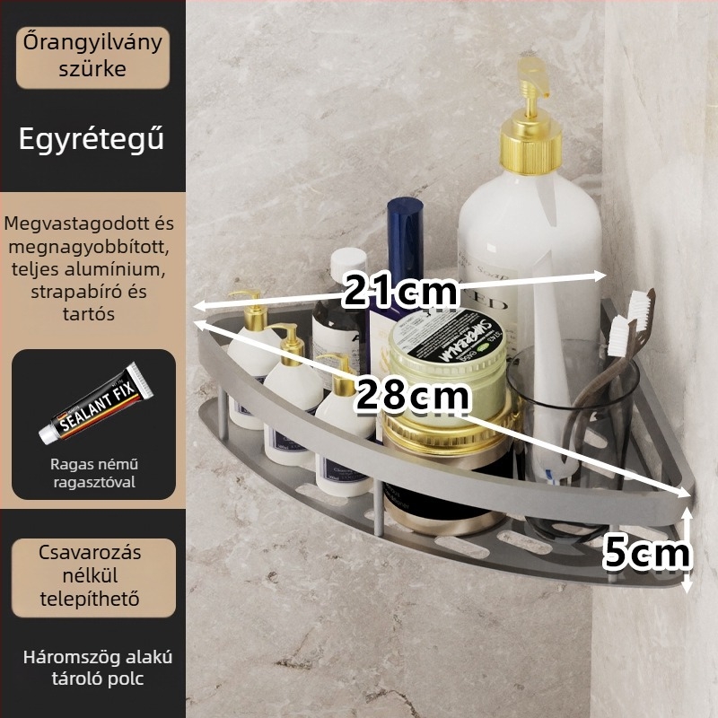 Fürdőszobai sarokpolc – 3 szintes, falra szerelhető, fúrás nélküli, Space alumínium, teherbírás 5–10 kg