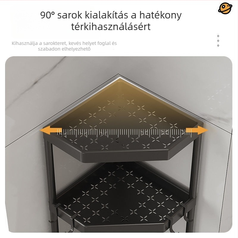 Fürdőszobai padlón álló tárolópolc, sarok elrendezés, szerelés fúrás nélkül, 1 polc, modern minimalista stílus