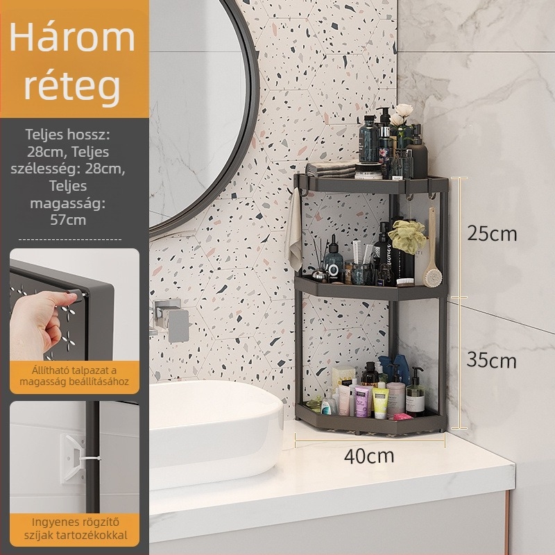 Fürdőszobai padlón álló tárolópolc, sarok elrendezés, szerelés fúrás nélkül, 1 polc, modern minimalista stílus