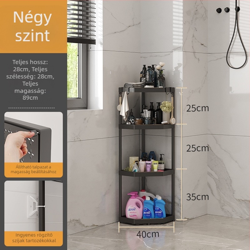 Fürdőszobai padlón álló tárolópolc, sarok elrendezés, szerelés fúrás nélkül, 1 polc, modern minimalista stílus
