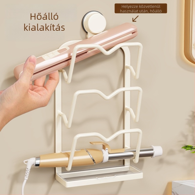 Falihoz rögzíthető szívócsésés hajeszköz-tároló állvány – 3-szintes vas váz, curlingvas és hajszárító számára, többfunkciós