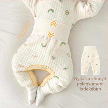 Uniszex babának való téli nadrág, magas derekú hasvédő, 100% pamut béléses meleg nadrág 1–3 éveseknek